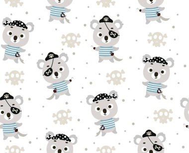 Sevimli küçük korsan koalası kusursuz çocuksu bir model. Kumaş, ambalaj, tekstil, duvar kağıdı ve giysi için komik bir hayvan karakteri. Vektör illüstrasyonu