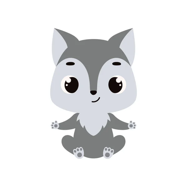 Niedlicher Kleiner Sitzender Wolf Zeichentrick Tierfigur Für Kinderkarten Baby Dusche — Stockvektor