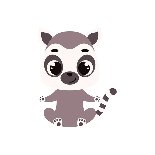 Cute Little Sitting Lemur Cartoon Animal Character Kids Cards Baby — Wektor stockowy