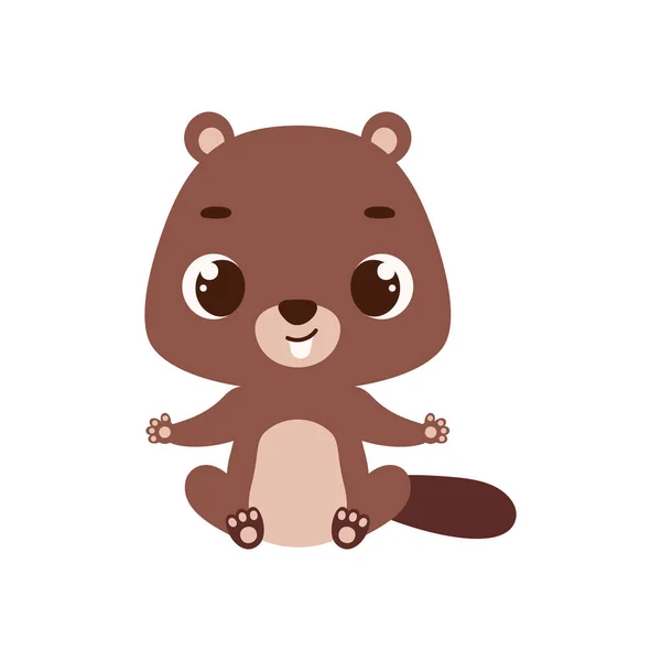 Cute Little Sitting Beaver Cartoon Animal Character Kids Cards Baby — Vettoriale Stock