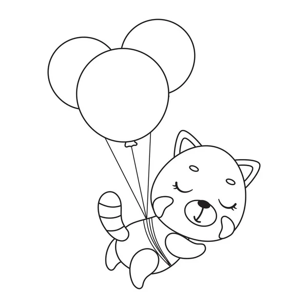 Coloring Page Cute Little Red Panda Flying Balloons Coloring Book — Image vectorielle