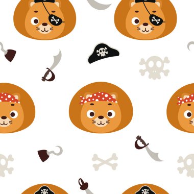 Sevimli küçük korsan aslan başı kusursuz çocuksu desen. Kumaş, ambalaj, tekstil, duvar kağıdı ve giysi için komik bir hayvan karakteri. Vektör illüstrasyonu