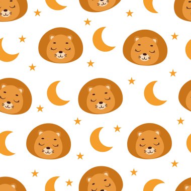 Küçük sevimli kaygan aslan başı kusursuz çocuksu desen. Kumaş, ambalaj, tekstil, duvar kağıdı ve giysi için komik bir hayvan karakteri. Vektör illüstrasyonu