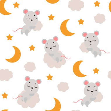 Bulutların üzerinde uyuyan sevimli küçük fare kusursuz çocuksu desen. Kumaş, ambalaj, tekstil, duvar kağıdı ve giysi için komik bir hayvan karakteri. Vektör illüstrasyonu