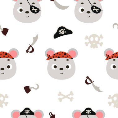 Şirin küçük korsan fare kafası kusursuz çocuksu desen. Kumaş, ambalaj, tekstil, duvar kağıdı ve giysi için komik bir hayvan karakteri. Vektör illüstrasyonu