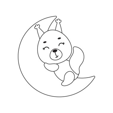 Boyama sayfası. Ay 'da uyuyan sevimli küçük sincap. Çocuklar için boyama kitabı. Anaokulu yılları için eğitici aktiviteler çocuklar ve şirin hayvanlı bebekler. Vektör stok illüstrasyonu