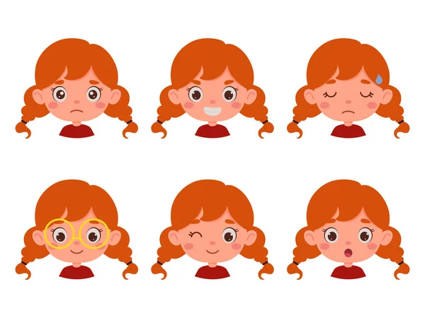 Cute Kartun Gadis Kecil Dengan Rambut Merah Dalam Berbagai Ekspresi - Stok Vektor