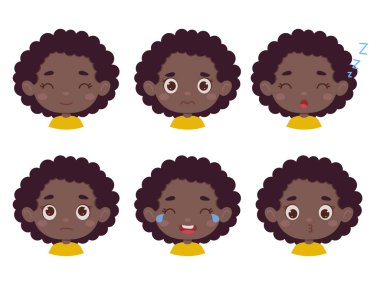 Değişik ifadeler ve jestlerle Afrikalı şirin bir çocuk. Farklı duygular gösteren çizgi film karakteri. Vektör illüstrasyonu.