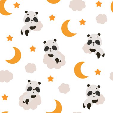 Bulutların üzerinde uyuyan sevimli küçük panda kusursuz çocuksu bir model. Kumaş, ambalaj, tekstil, duvar kağıdı ve giysi için komik bir hayvan karakteri. Vektör illüstrasyonu