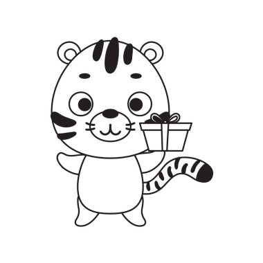 Boyama sayfası hediye kutusu olan şirin bir kaplan. Çocuklar için boyama kitabı. Anaokulu yılları için eğitici aktiviteler çocuklar ve şirin hayvanlı bebekler. Vektör stok illüstrasyonu