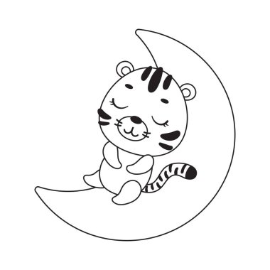 Boyama sayfası şirin küçük kaplan ayda uyuyor. Çocuklar için boyama kitabı. Anaokulu yılları için eğitici aktiviteler çocuklar ve şirin hayvanlı bebekler. Vektör stok illüstrasyonu