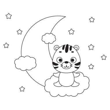 Boyama sayfası bulutların üzerinde oturan şirin kaplan. Çocuklar için boyama kitabı. Anaokulu yılları için eğitici aktiviteler çocuklar ve şirin hayvanlı bebekler. Vektör stok illüstrasyonu