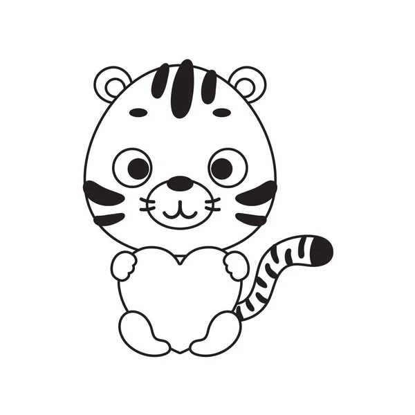 Окраска Страницы Милый Маленький Тигр Держит Сердце Раскраска Детей Образовательная — стоковый вектор