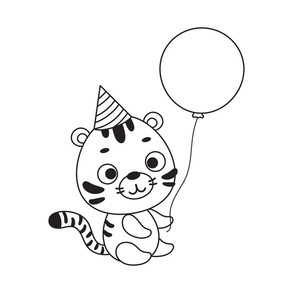 Färgläggning Sida Söt Liten Tiger Födelsedagshatt Hålla Ballong Målarbok För — Stock vektor