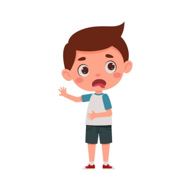 Sevimli küçük çocuk iğreniyor. Çizgi film çocuğu karakteri yüz ifadesi gösteriyor. Vektör illüstrasyonu.