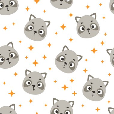 Sevimli, küçük rakun kafalı, çocuksu bir şekil. Kumaş, ambalaj, tekstil, duvar kağıdı ve giysi için komik bir hayvan karakteri. Vektör illüstrasyonu