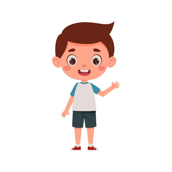 Roztomilý Kreslený Chlapeček Mávající Rukou Malá Postava Školáka Vektorová Ilustrace — Stockový vektor