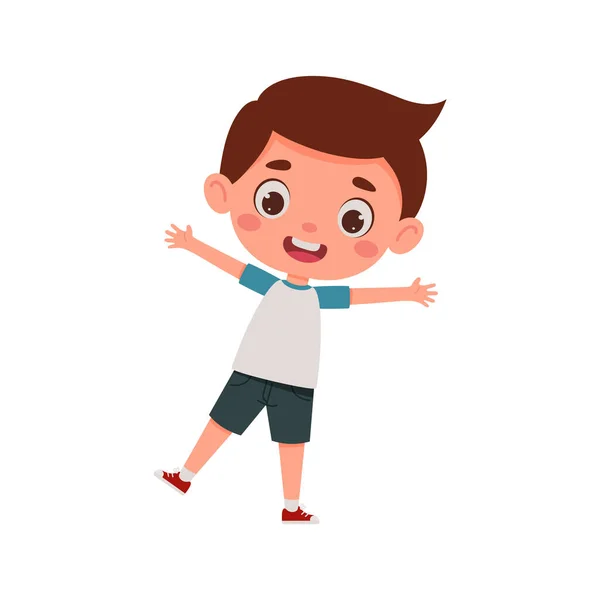 Bonito Desenho Animado Rapazinho Feliz Pequena Personagem Escolar Mostra Expressão — Vetor de Stock