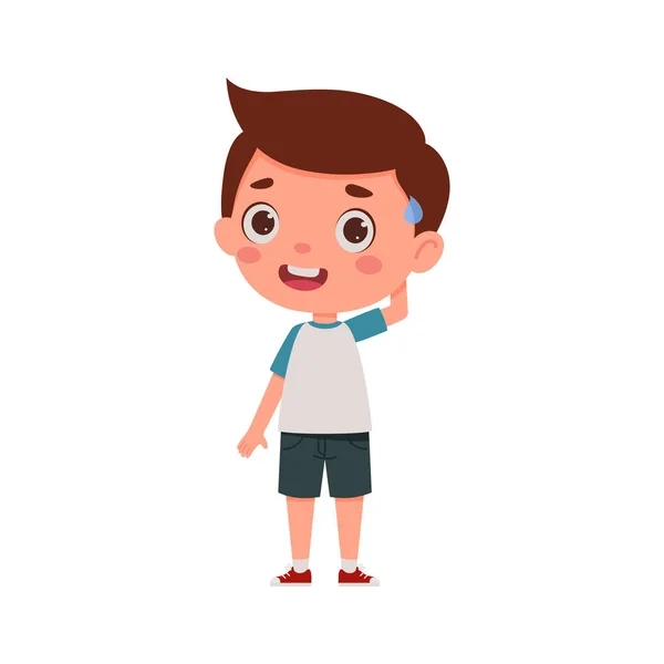 Cute Little Kid Boy Confused Cartoon Schoolboy Character Show Facial — Stock Vector