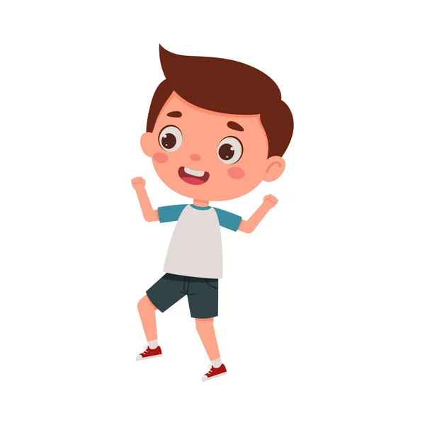 Nettes Kleines Kind Glücklicher Junge Springen Cartoon Schuljunge Charakter Zeigen — Stockvektor