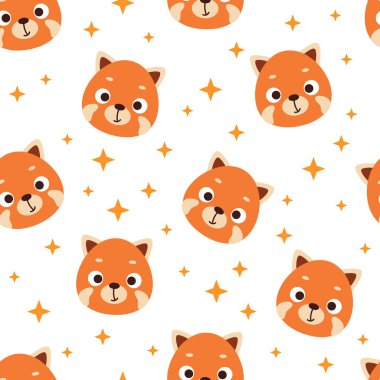 Sevimli küçük kırmızı panda kusursuz çocuksu desen. Kumaş, ambalaj, tekstil, duvar kağıdı ve giysi için komik bir hayvan karakteri. Vektör illüstrasyonu