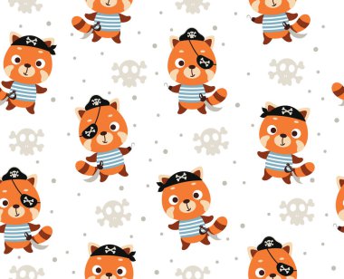 Sevimli küçük korsan kırmızı panda kusursuz çocuksu desen. Kumaş, ambalaj, tekstil, duvar kağıdı ve giysi için komik bir hayvan karakteri. Vektör illüstrasyonu