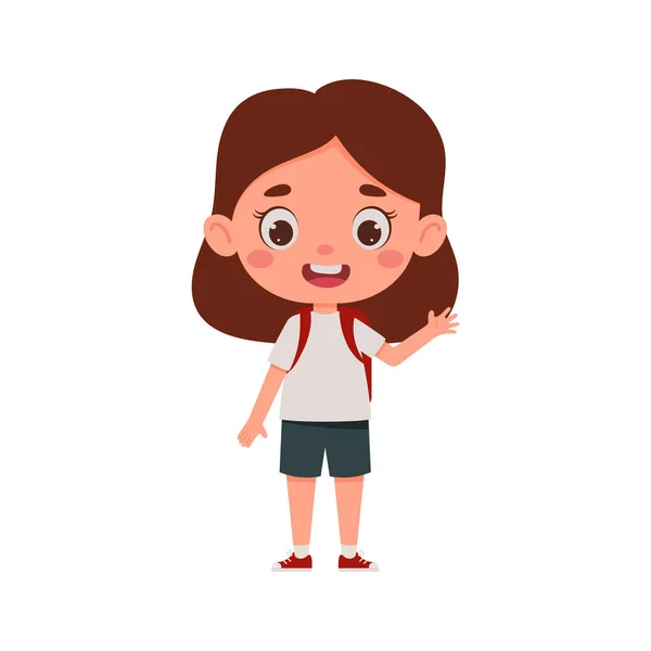 Nettes Cartoon Kleines Mädchen Mit Dem Rucksack Winkt Ihre Hand — Stockvektor