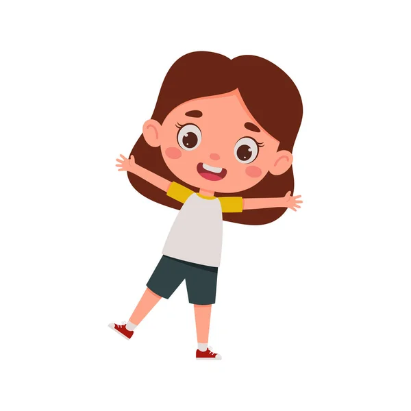 Mignon Dessin Animé Petite Fille Heureuse Petite Écolière Personnage Montrer — Image vectorielle
