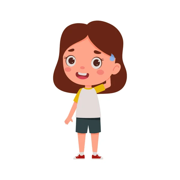 Nettes Kleines Mädchen Verwirrt Cartoon Schulmädchen Charakter Zeigen Gesichtsausdruck Vektorillustration — Stockvektor