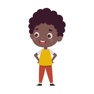Sevimli çizgi film karakteri küçük Afrikalı çocuk. Küçük okul çocuğu karakteri. Vektör illüstrasyonu.