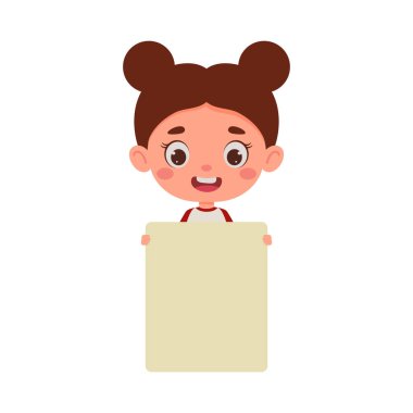 Boş tahtası olan şirin bir kız çocuğu. Çizgi film çocuk karakteri. Vektör illüstrasyonu.