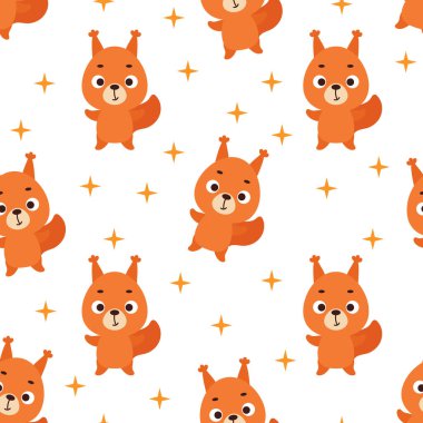 Sevimli küçük sincap kusursuz çocuksu bir model. Kumaş, ambalaj, tekstil, duvar kağıdı ve giysi için komik bir hayvan karakteri. Vektör illüstrasyonu