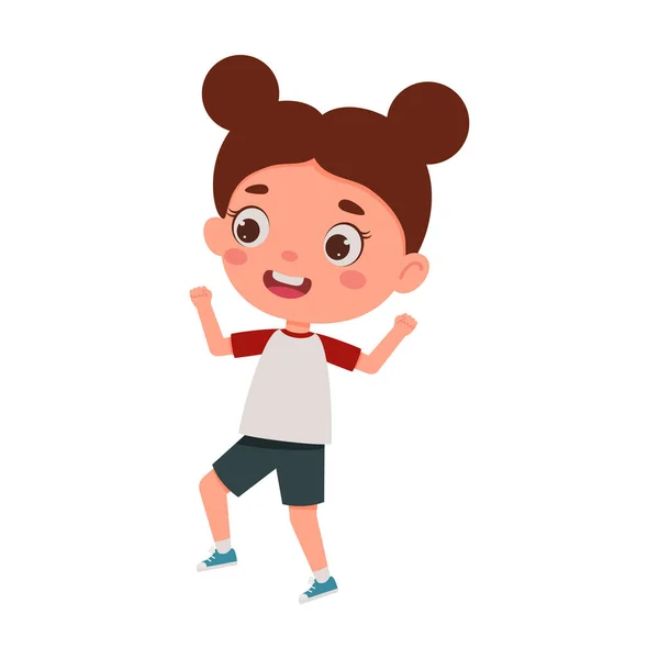 Nettes Kleines Kind Glückliches Mädchen Springen Cartoon Schulmädchen Charakter Zeigen — Stockvektor