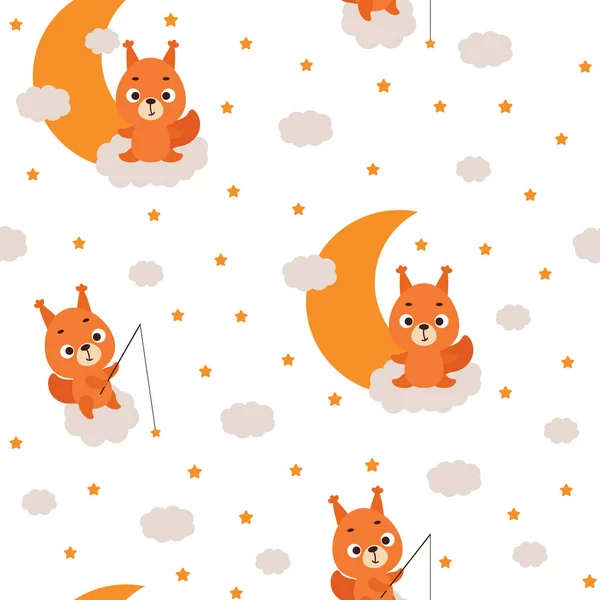 stock vector Cute little squirrel sleeping on cloud seamless childish pattern. Funny cartoon animal character for fabric, wrapping, textile, wallpaper, apparel. Vector illustration