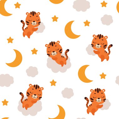 Bulutların üzerinde uyuyan sevimli küçük kaplan kusursuz çocuksu bir düzen. Kumaş, ambalaj, tekstil, duvar kağıdı ve giysi için komik bir hayvan karakteri. Vektör illüstrasyonu