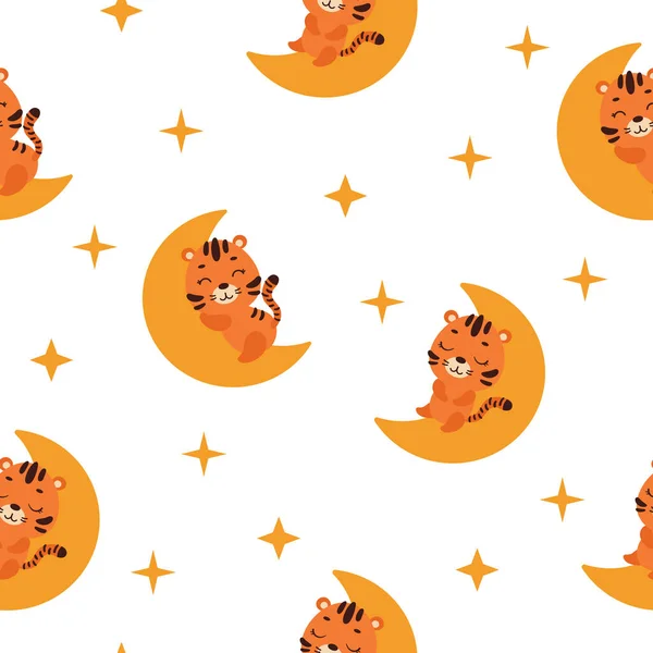 stock vector Cute little tiger sleeping on moon seamless childish pattern. Funny cartoon animal character for fabric, wrapping, textile, wallpaper, apparel. Vector illustration