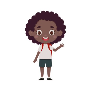 Sırt çantalı, elini sallayan tatlı Afrikalı kız. Küçük okul kızı karakteri. Vektör illüstrasyonu.