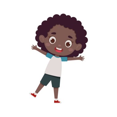 Şirin çizgi film küçük mutlu Afrikalı kız. Küçük liseli kız karakteri yüz ifadesini gösteriyor. Vektör illüstrasyonu.