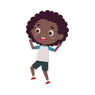 Şirin, küçük, mutlu Afrikalı kız atlayışı. Çizgi filmdeki kız karakter yüz ifadesi gösteriyor. Vektör illüstrasyonu.