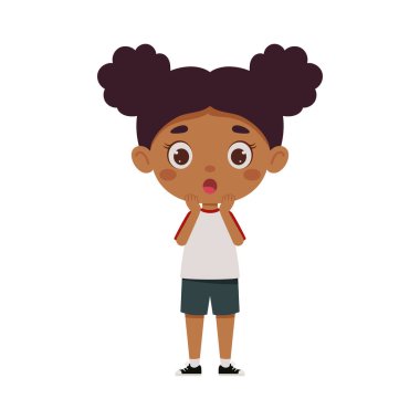 Tatlı çizgi film küçük korkutucu kız. Küçük liseli kız karakteri yüz ifadesini gösteriyor. Vektör illüstrasyonu.