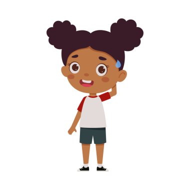 Küçük şirin kızın kafası karışmış. Çizgi filmdeki kız karakter yüz ifadesi gösteriyor. Vektör illüstrasyonu.