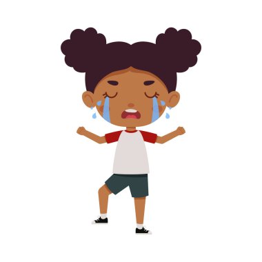 Sevimli küçük kız ağlıyor. Çizgi filmdeki kız karakter yüz ifadesi gösteriyor. Vektör illüstrasyonu.