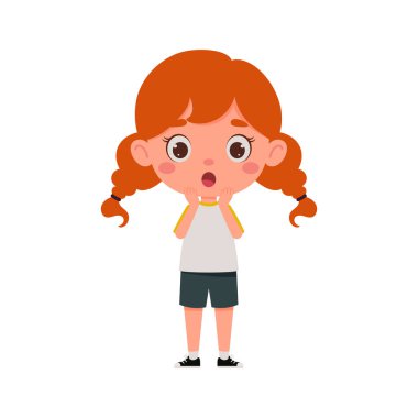 Sevimli çizgi film karakteri, kızıl saçlı korkunç kız. Küçük liseli kız karakteri yüz ifadesini gösteriyor. Vektör illüstrasyonu.