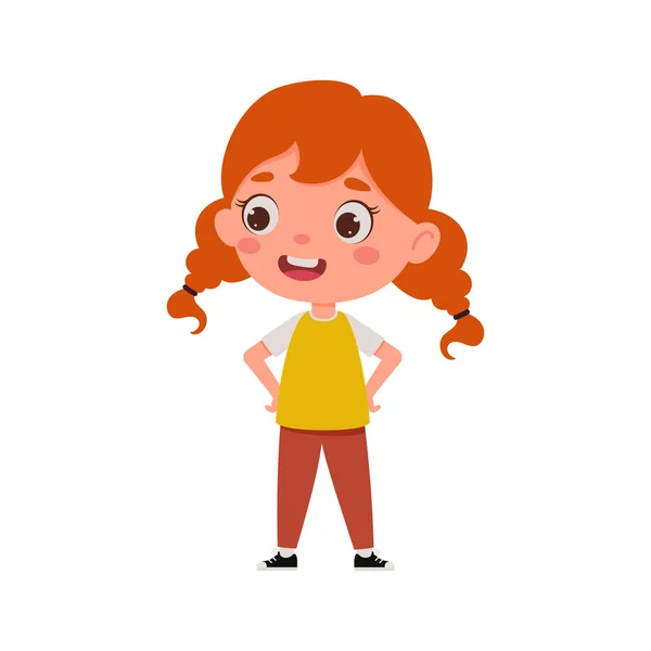 Nettes Kleines Mädchen Mit Roten Haaren Kleine Schulmädchenfigur Vektorillustration — Stockvektor