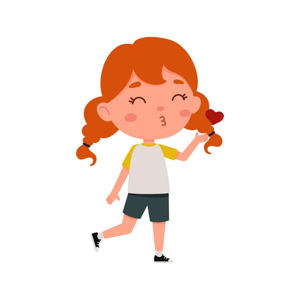 Nettes Kleines Mädchen Mit Roten Haaren Bläst Einen Kuss Cartoon — Stockvektor