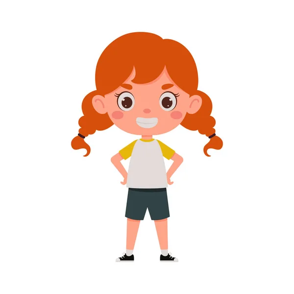 Nettes Kleines Glückliches Mädchen Mit Rotem Haar Lächeln Cartoon Schulmädchen — Stockvektor