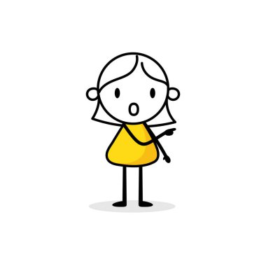 Komik şaşkın kadının işaret ettiği yön. El yapımı karalama işadamı. Vektör stok illüstrasyonu.