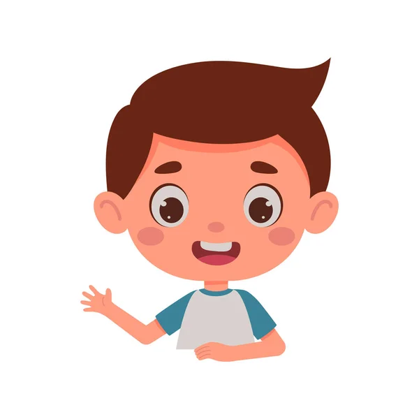 Leuke Cartoon Kleine Jongen Zwaait Met Zijn Hand Een Schooljongen — Stockvector