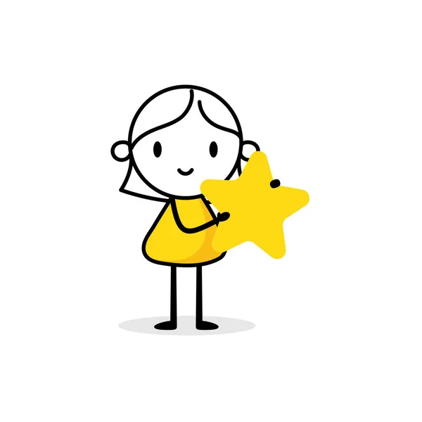 漫画の女性キャラクターは彼女の手の中に星を保持します 顧客レビュー フィードバック サービスコンセプトの評価 ベクターストックイラスト — ストックベクタ