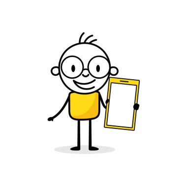 Businessman holds a mobile phone in his hand. Hand drawn doodle man isolated on white background. Vector stock illustration.